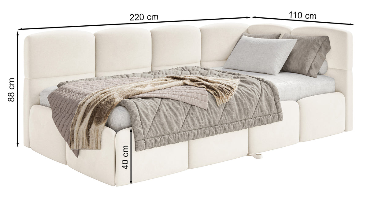 Jugendbett 90x200 cm Cloudy, ausziehbar, linksseitig, mit Matratzen, hellbrauner Chenille