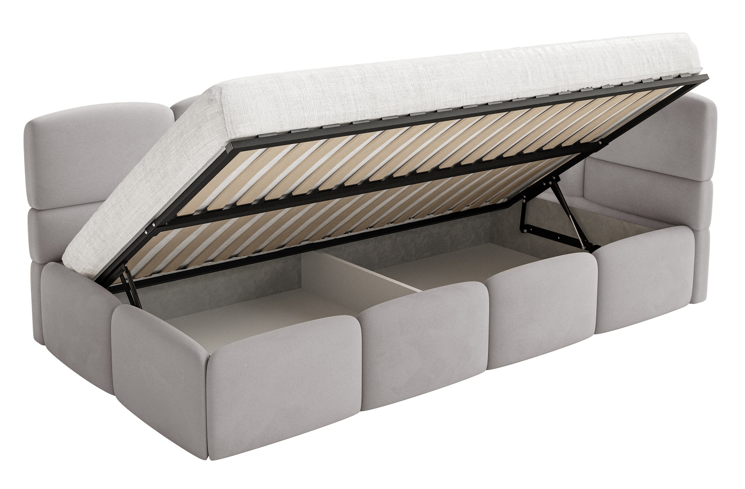 Jugendbett 120x200 cm Cloudy, rechtsseitig mit Stauraum, hellgrauer Velours, wasserabweisend und pflegeleicht
