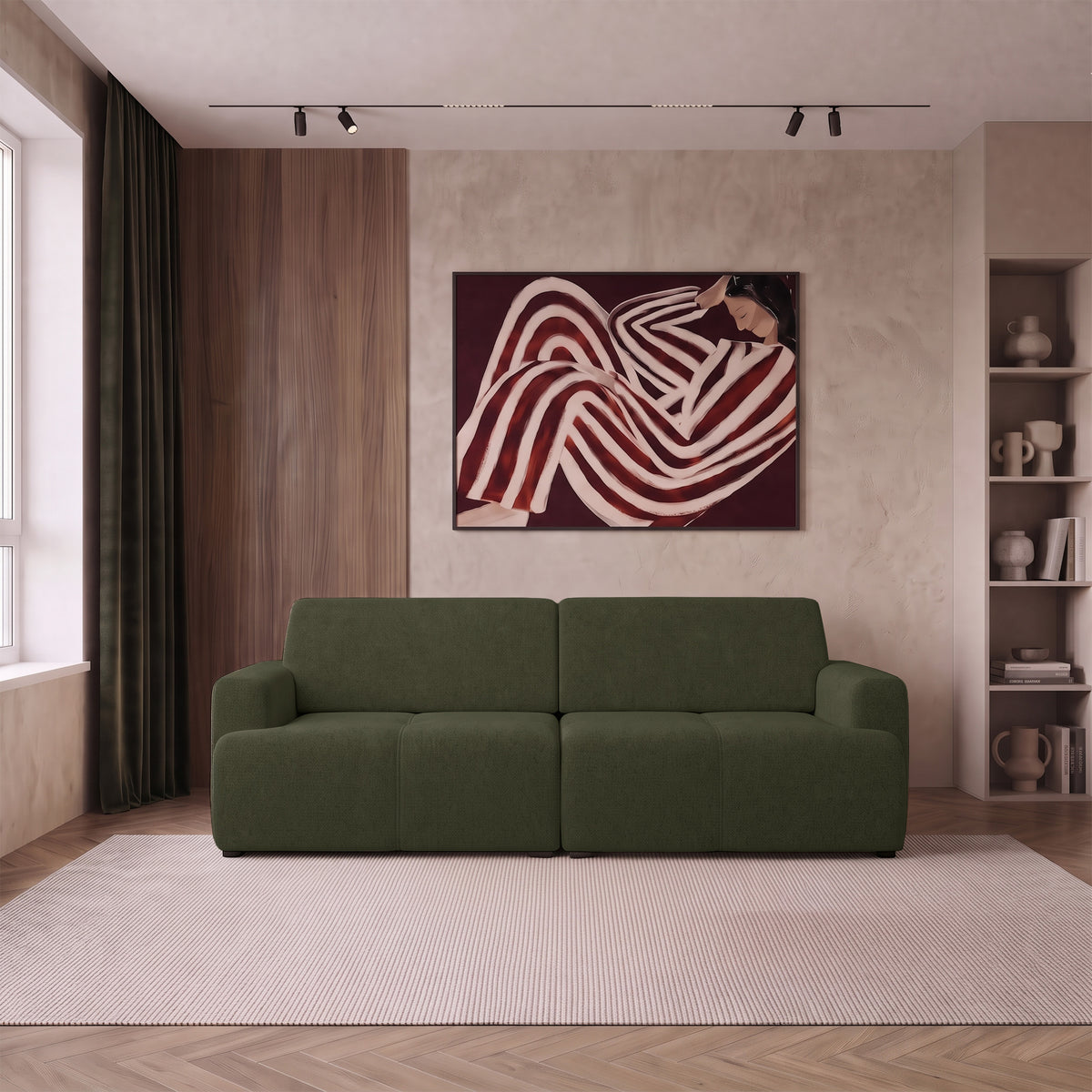 Dreisitziges Schlafsofa Cobbly mit Stauraum, olivgrüner Chenille