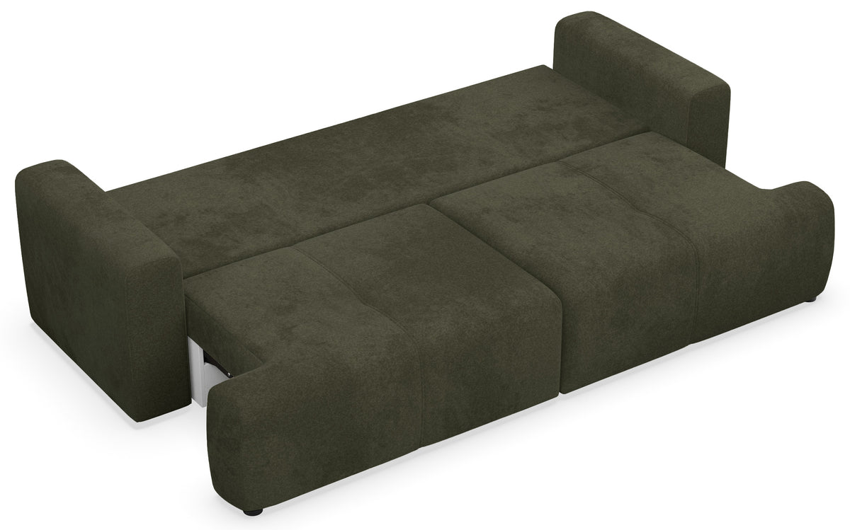 Dreisitziges Schlafsofa Cobbly mit Stauraum, olivgrüner Chenille