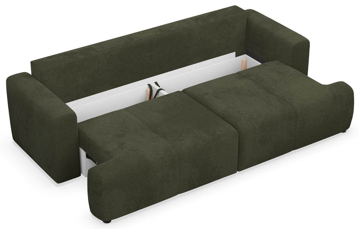 Dreisitziges Schlafsofa Cobbly mit Stauraum, olivgrüner Chenille