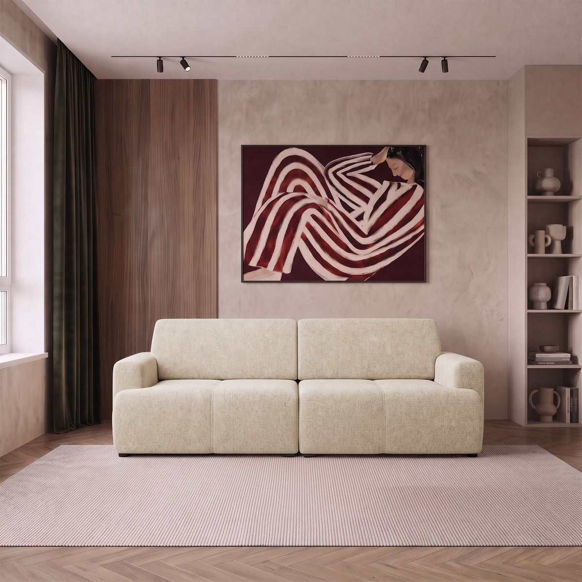 Dreisitziges Schlafsofa Cobbly mit Stauraum, cremefarbener Chenille-Bezug