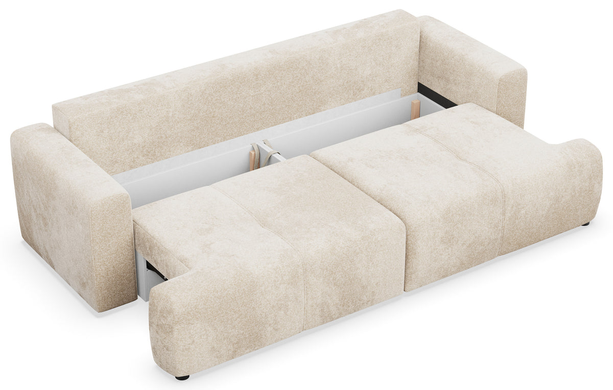 Dreisitziges Schlafsofa Cobbly mit Stauraum, cremefarbener Chenille-Bezug