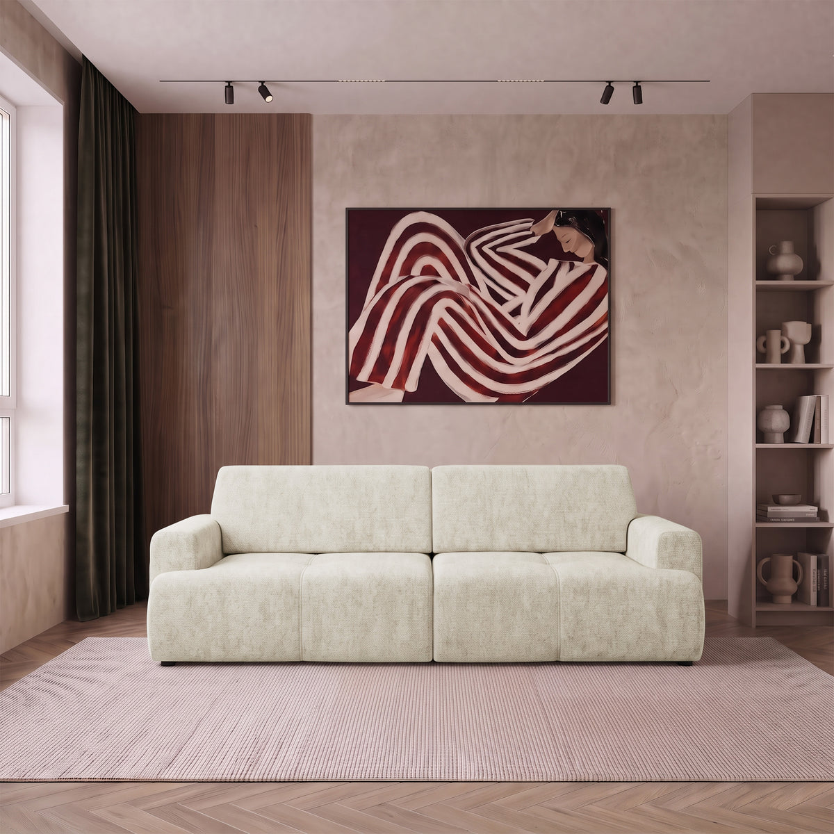 Dreisitziges Schlafsofa Cobbly mit Stauraum, cremefarbener Chenille-Bezug