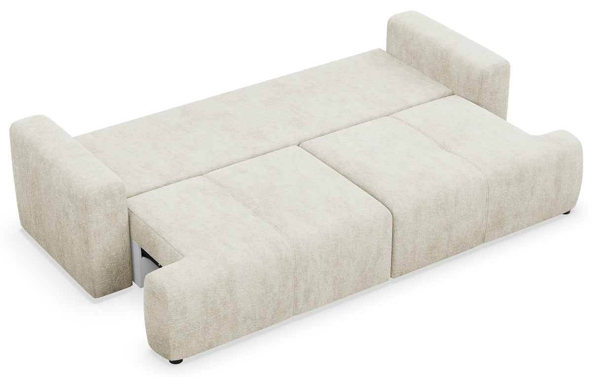 Dreisitziges Schlafsofa Cobbly mit Stauraum, cremefarbener Chenille-Bezug