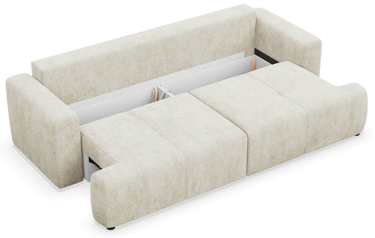 Dreisitziges Schlafsofa Cobbly mit Stauraum, cremefarbener Chenille-Bezug