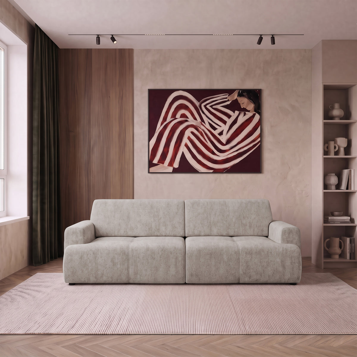 Dreisitziges Schlafsofa Cobbly mit Stauraum, grau-beiger Chenille-Bezug