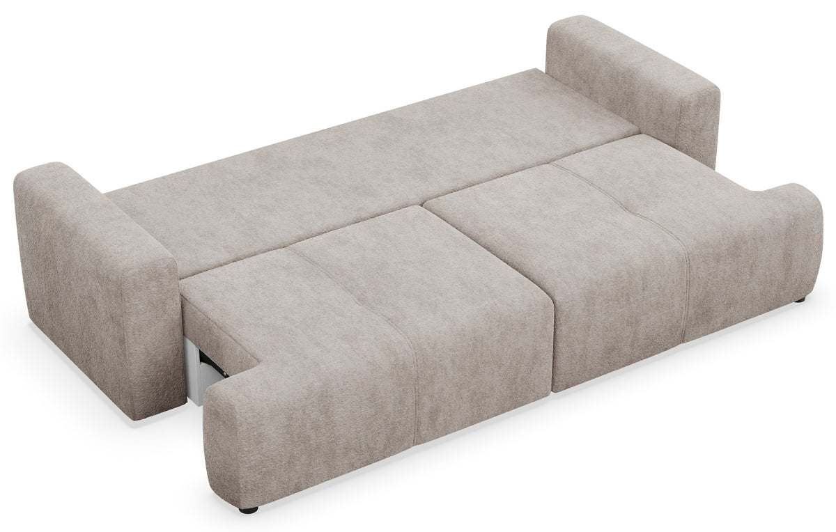 Dreisitziges Schlafsofa Cobbly mit Stauraum, grau-beiger Chenille-Bezug
