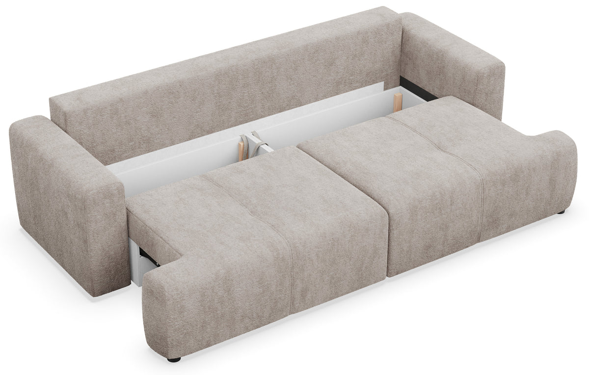Dreisitziges Schlafsofa Cobbly mit Stauraum, grau-beiger Chenille-Bezug
