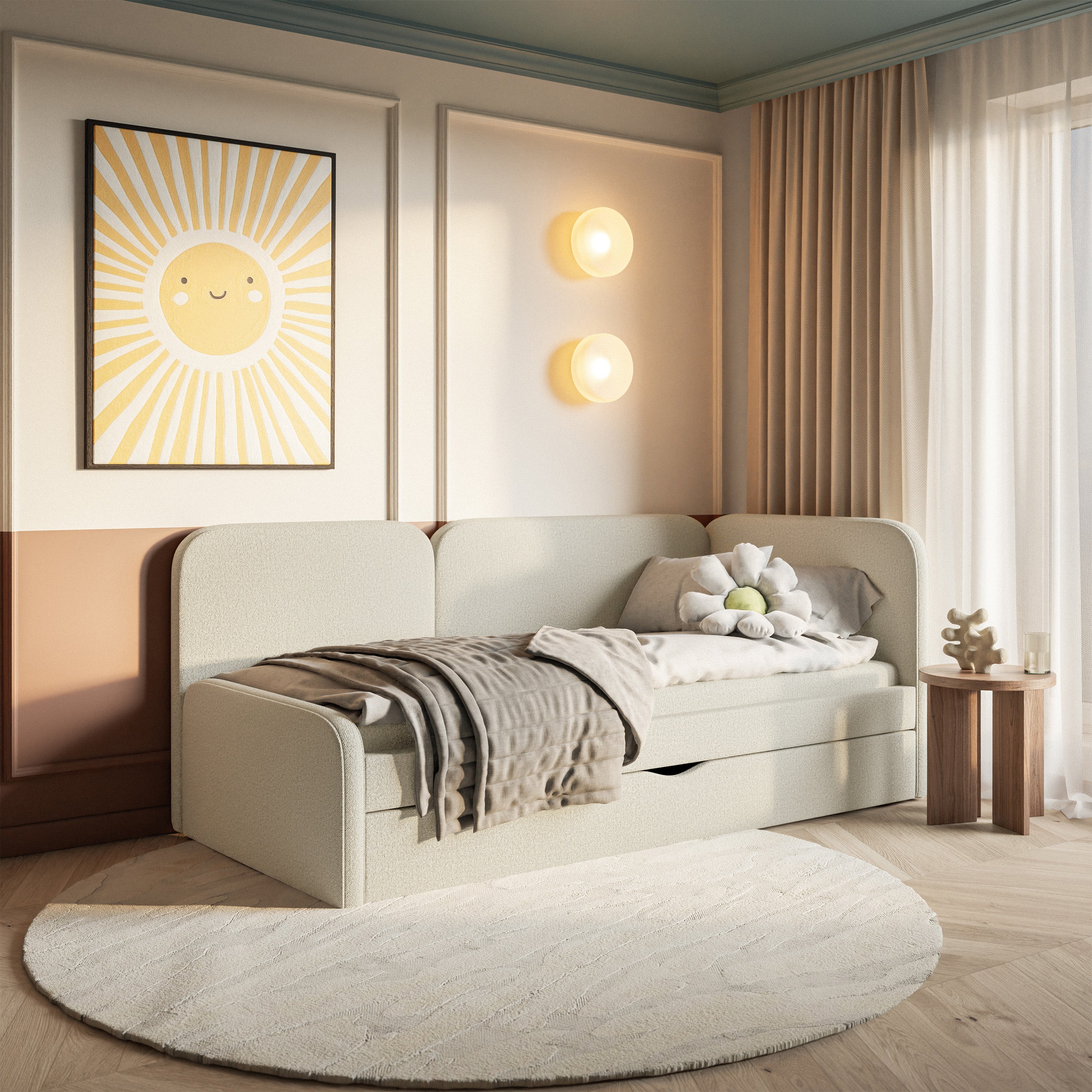 Jugendbett 90x200 cm Cuddy rechtsseitig mit Matratze und Stauraum, hellbeige, pflegeleichter Jersey-Stoff