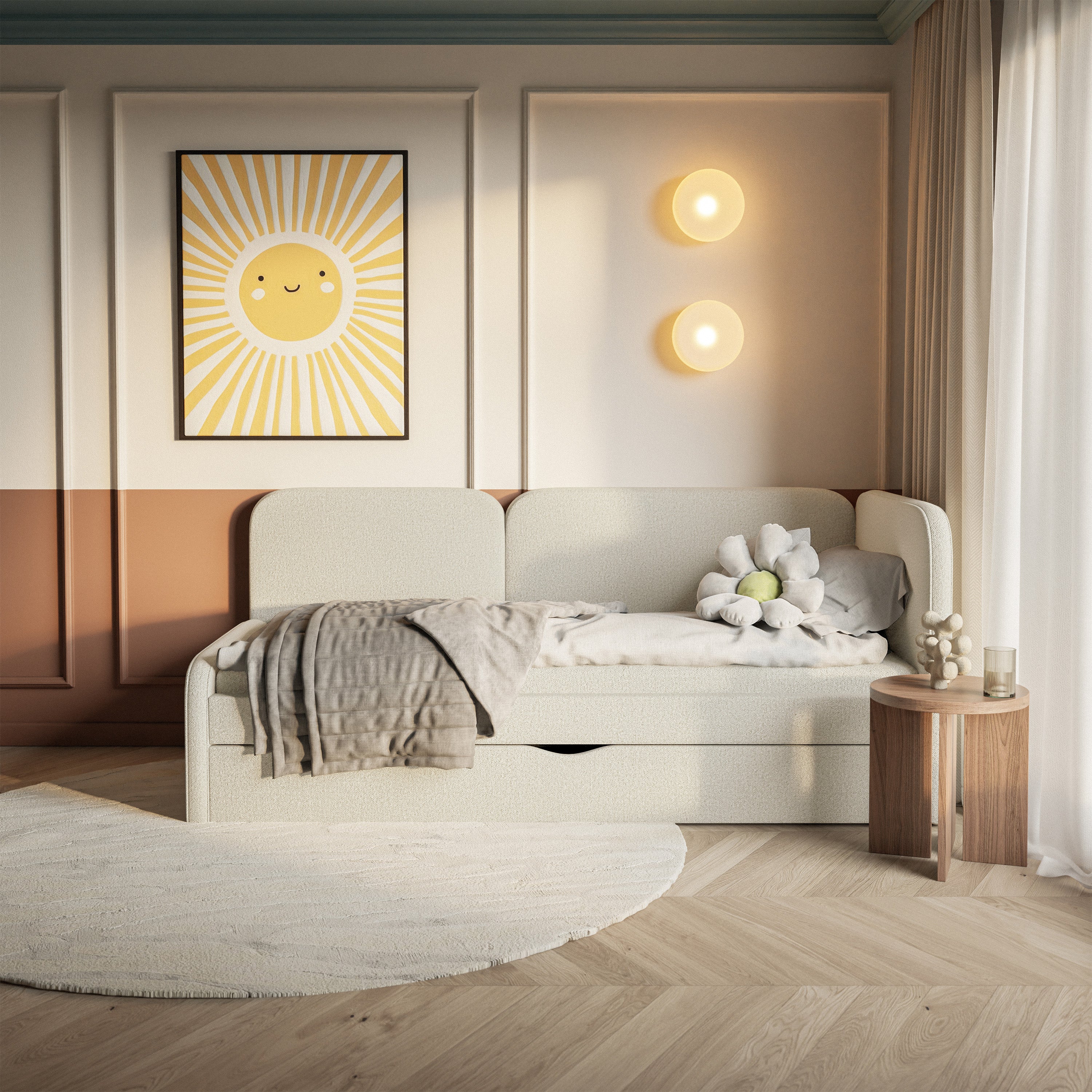 Jugendbett 90x200 cm Cuddy rechtsseitig mit Matratze und Stauraum, hellbeige, pflegeleichter Jersey-Stoff