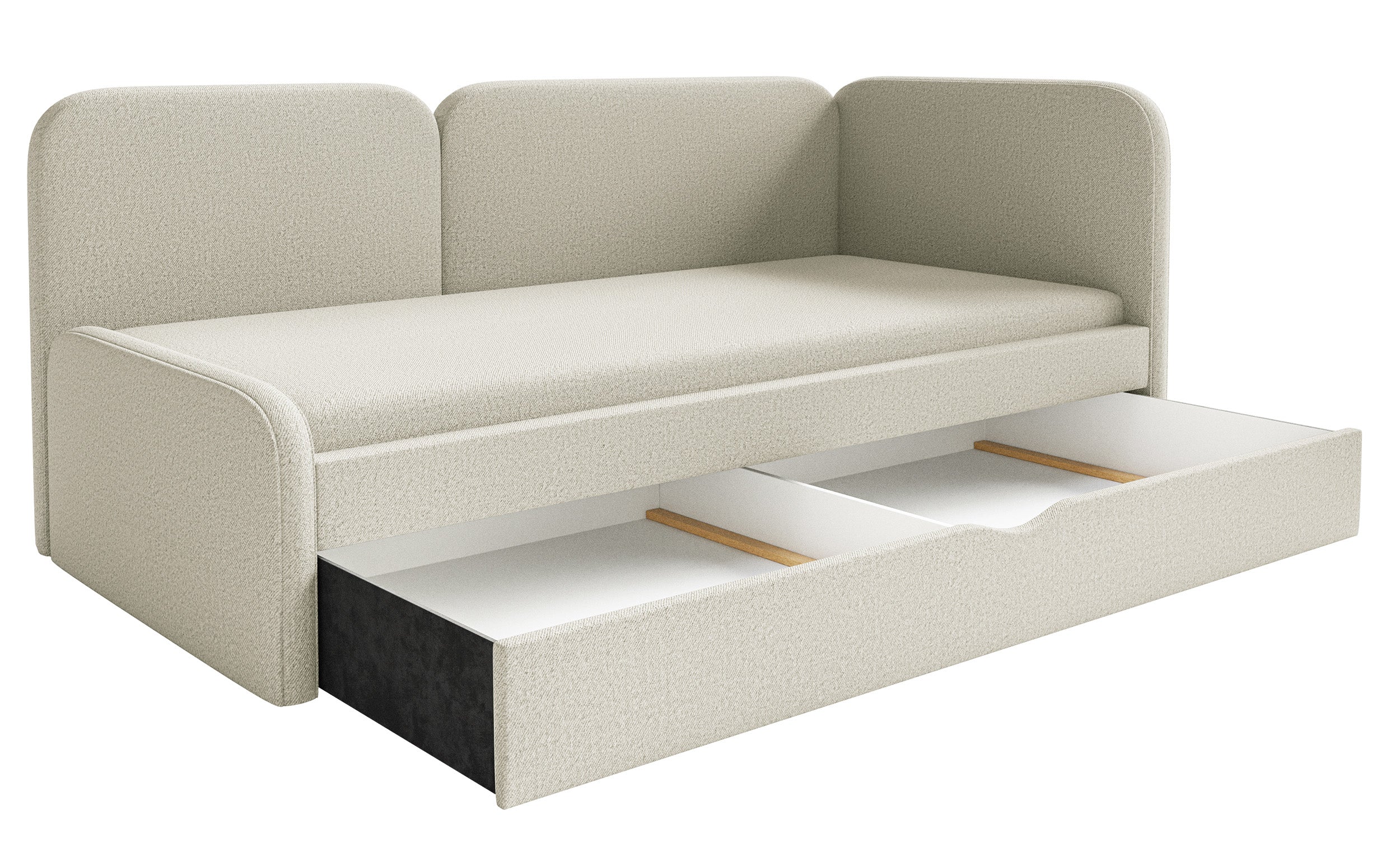 Jugendbett 90x200 cm Cuddy rechtsseitig mit Matratze und Stauraum, hellbeige, pflegeleichter Jersey-Stoff
