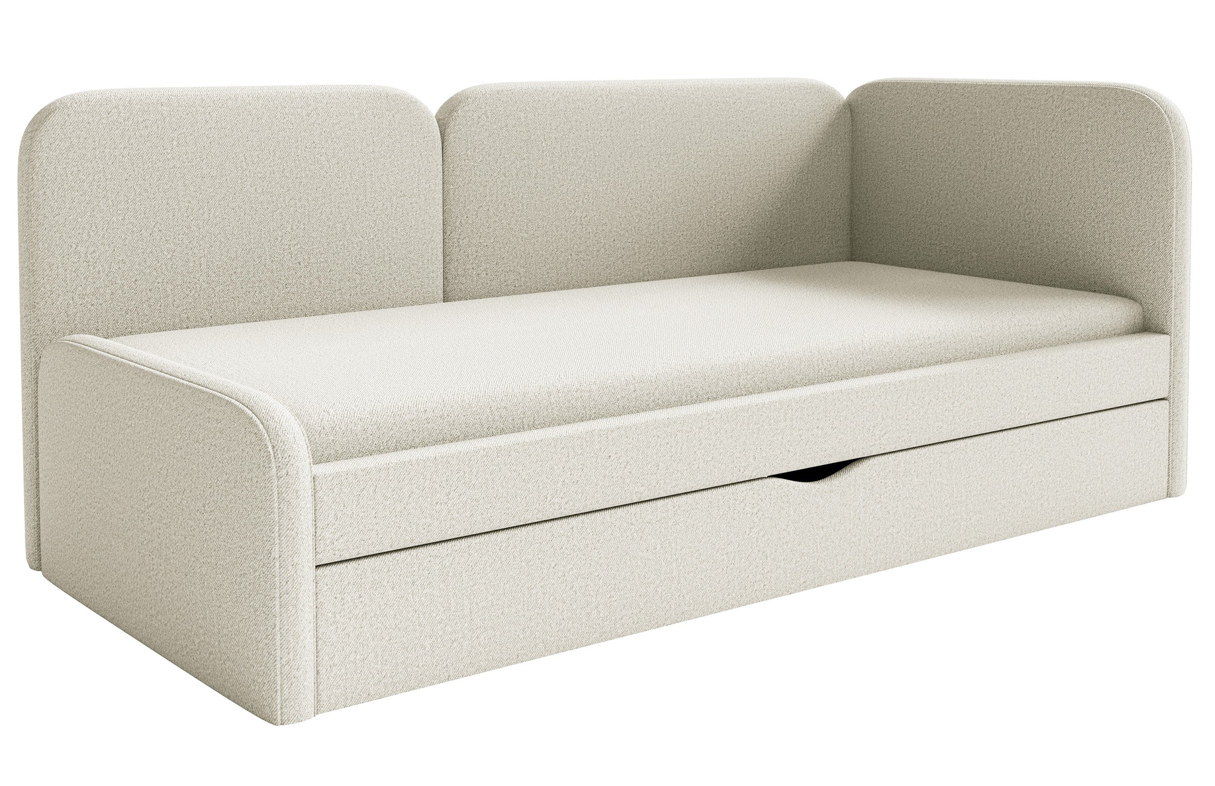 Jugendbett 90x200 cm Cuddy rechtsseitig mit Matratze und Stauraum, hellbeige, pflegeleichter Jersey-Stoff