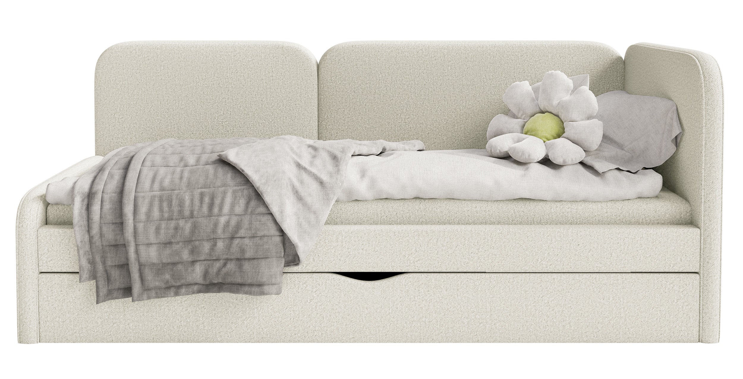 Jugendbett 90x200 cm Cuddy rechtsseitig mit Matratze und Stauraum, hellbeige, pflegeleichter Jersey-Stoff