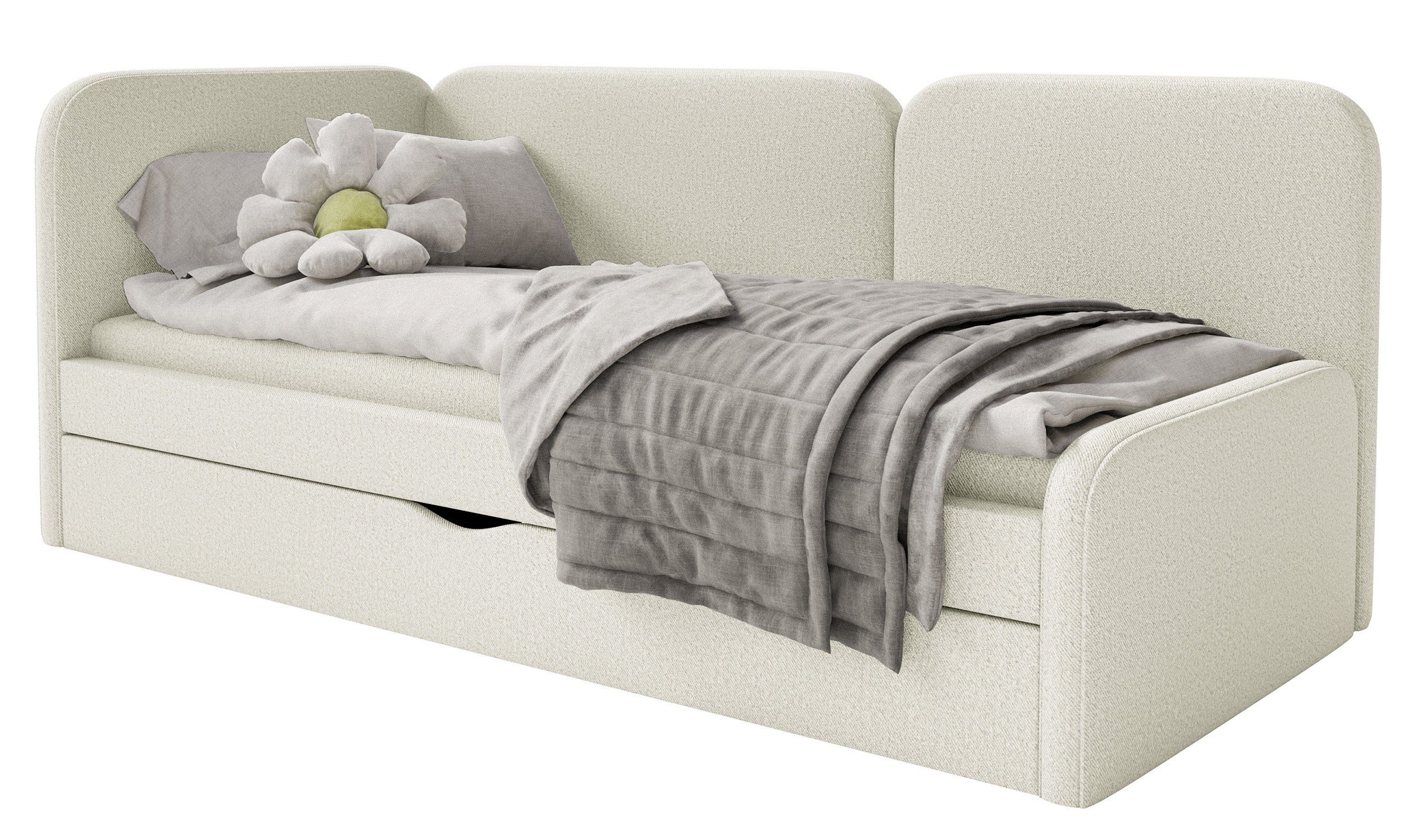 Jugendbett 90x200 cm Cuddy linksseitig mit Matratze und Stauraum, hellbeige, leicht zu reinigender Jersey-Stoff