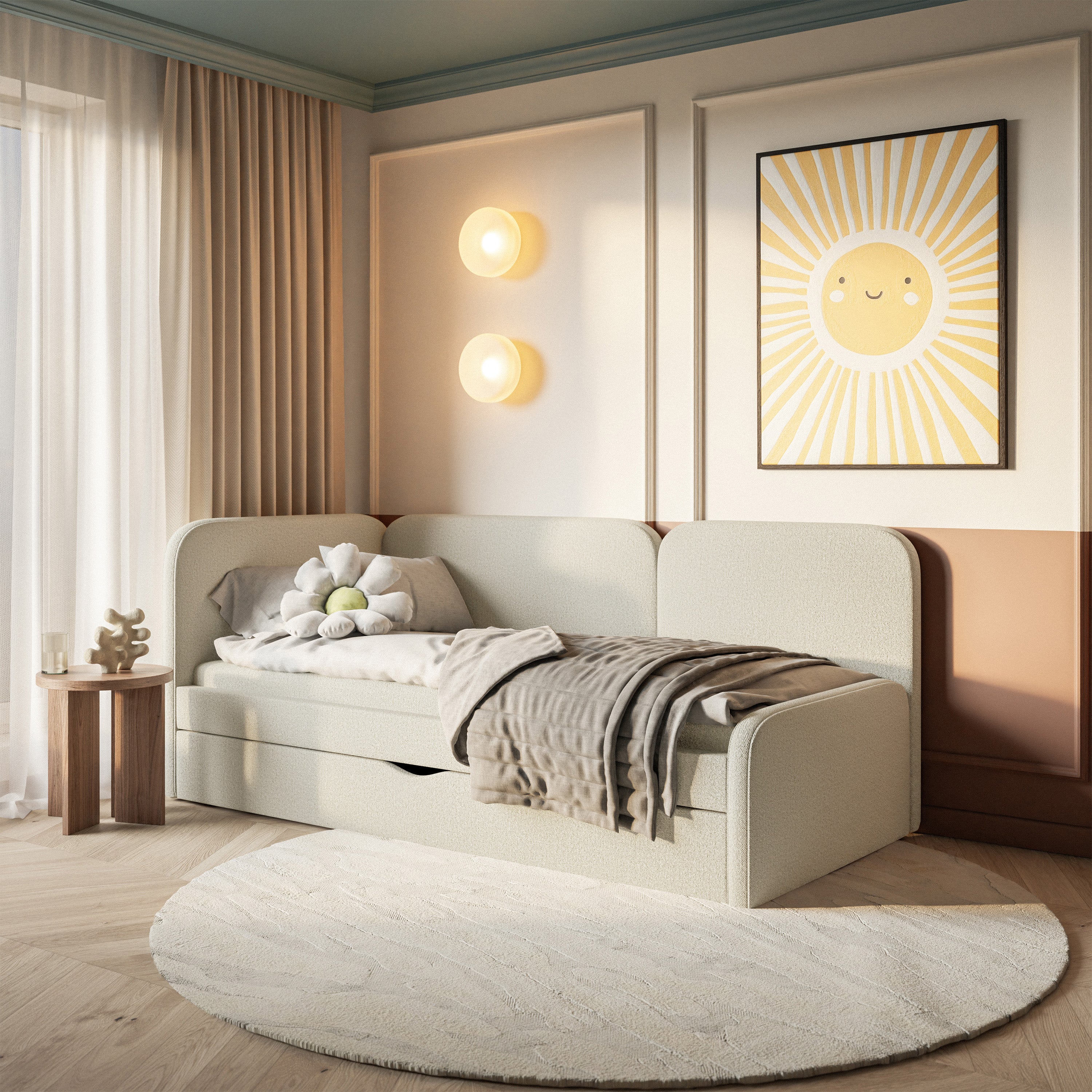 Jugendbett 90x200 cm Cuddy linksseitig mit Matratze und Stauraum, hellbeige, leicht zu reinigender Jersey-Stoff