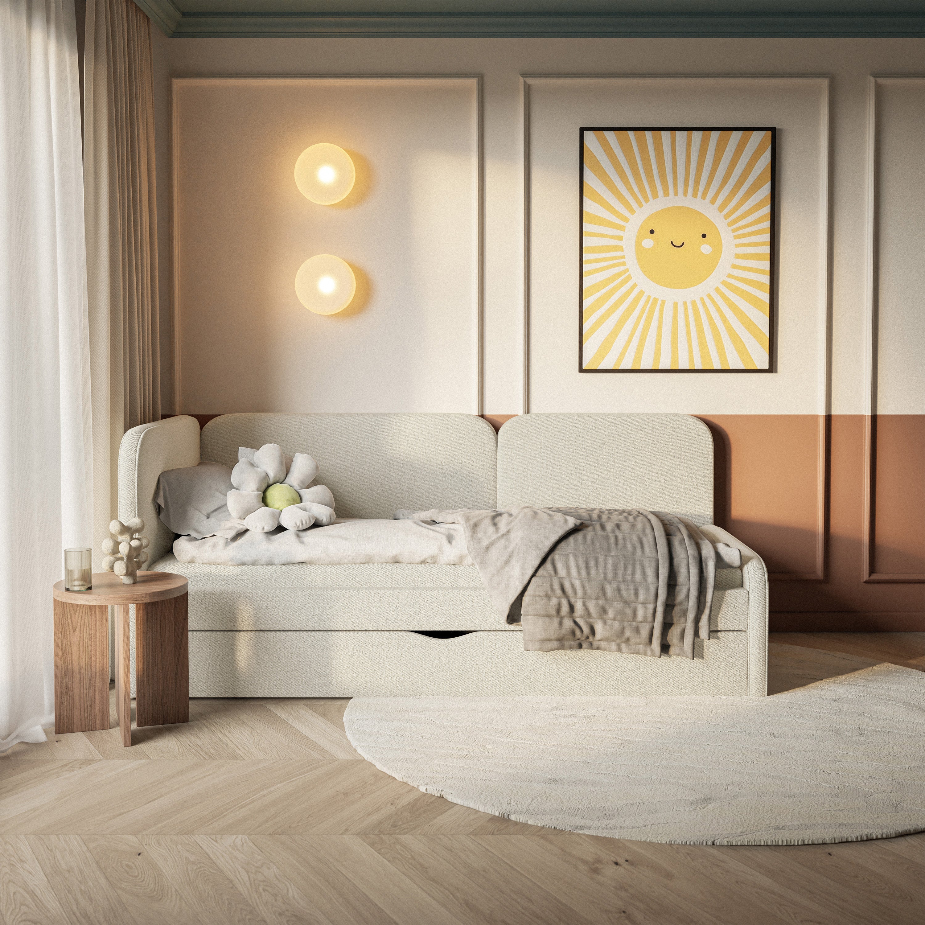 Jugendbett 90x200 cm Cuddy linksseitig mit Matratze und Stauraum, hellbeige, leicht zu reinigender Jersey-Stoff
