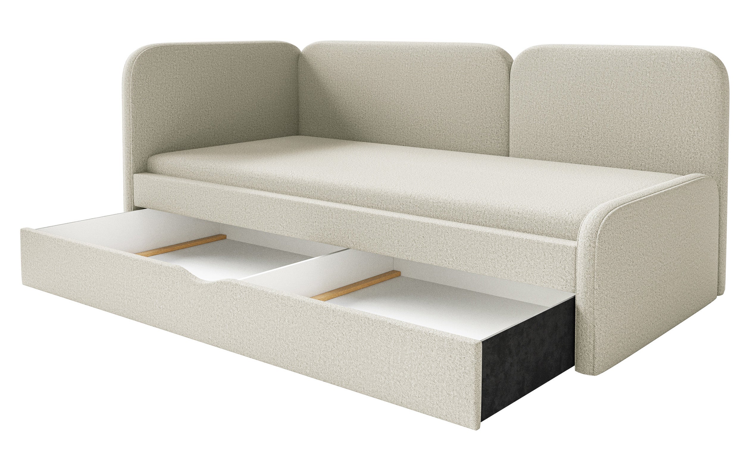 Jugendbett 90x200 cm Cuddy linksseitig mit Matratze und Stauraum, hellbeige, leicht zu reinigender Jersey-Stoff