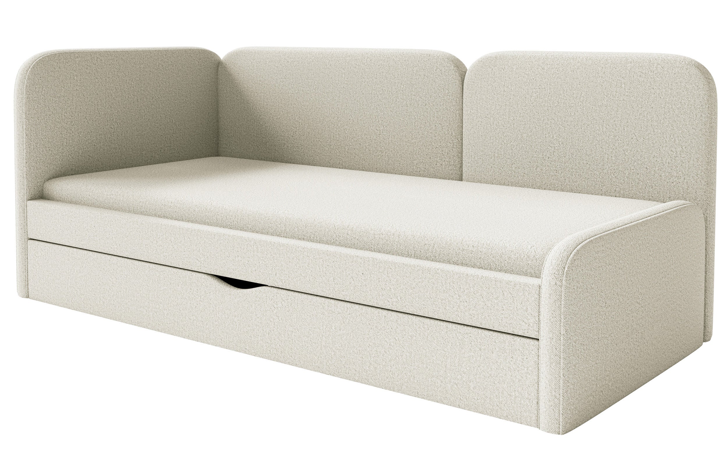 Jugendbett 90x200 cm Cuddy linksseitig mit Matratze und Stauraum, hellbeige, leicht zu reinigender Jersey-Stoff