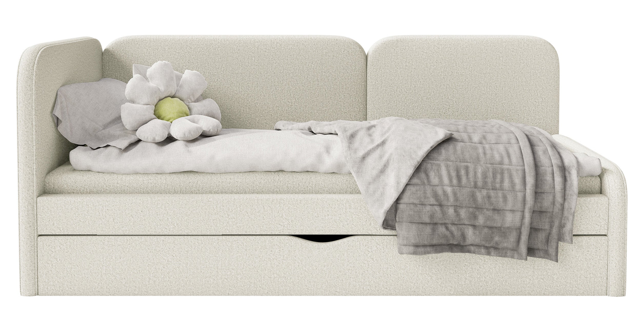 Jugendbett 90x200 cm Cuddy linksseitig mit Matratze und Stauraum, hellbeige, leicht zu reinigender Jersey-Stoff