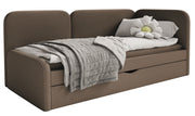 Jugendbett 90x200 cm Cuddy rechtsseitig mit Matratze und Stauraum, brauner leicht zu reinigender Strickstoff
