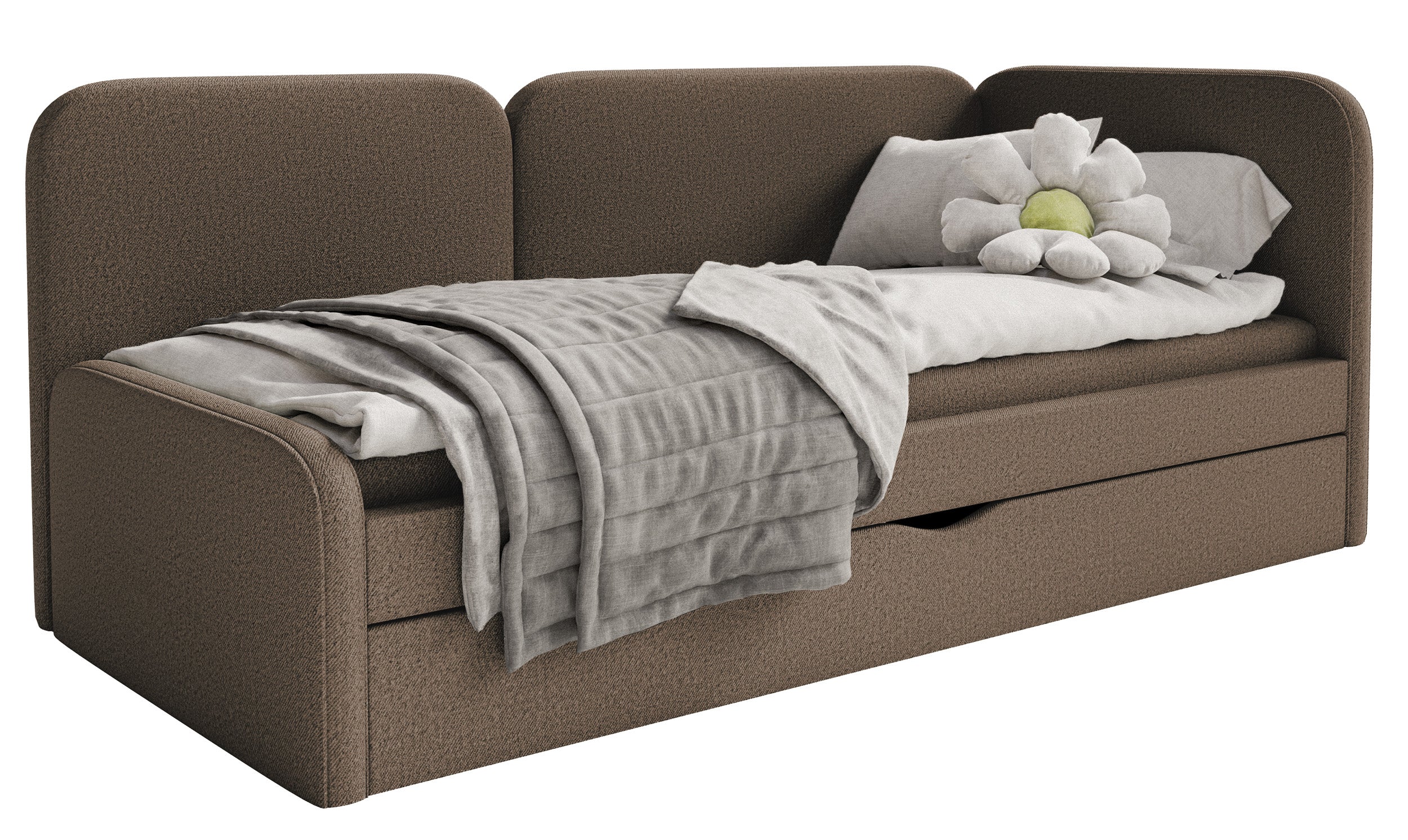 Jugendbett 90x200 cm Cuddy rechtsseitig mit Matratze und Stauraum, brauner leicht zu reinigender Strickstoff