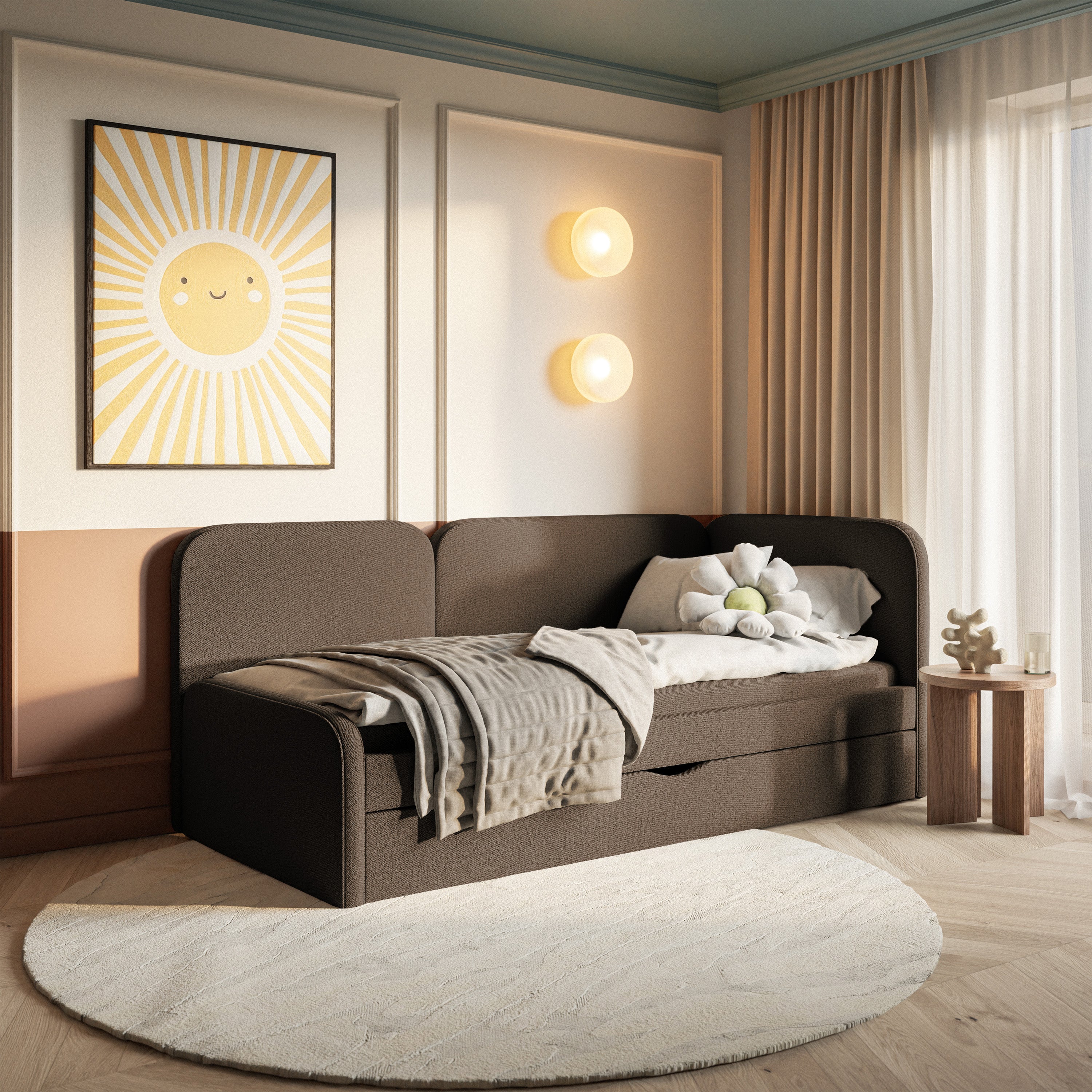 Jugendbett 90x200 cm Cuddy rechtsseitig mit Matratze und Stauraum, brauner leicht zu reinigender Strickstoff