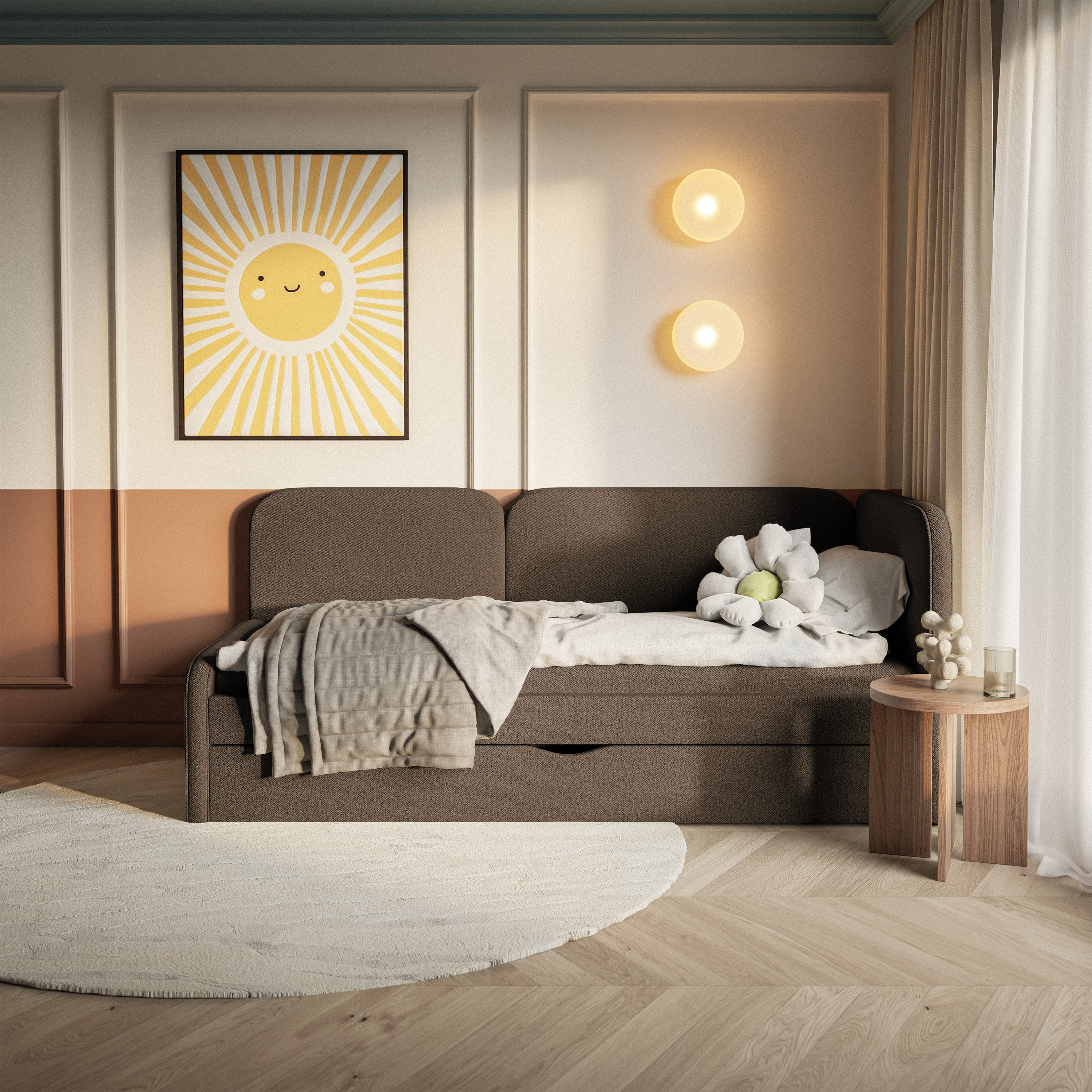 Jugendbett 90x200 cm Cuddy rechtsseitig mit Matratze und Stauraum, brauner leicht zu reinigender Strickstoff