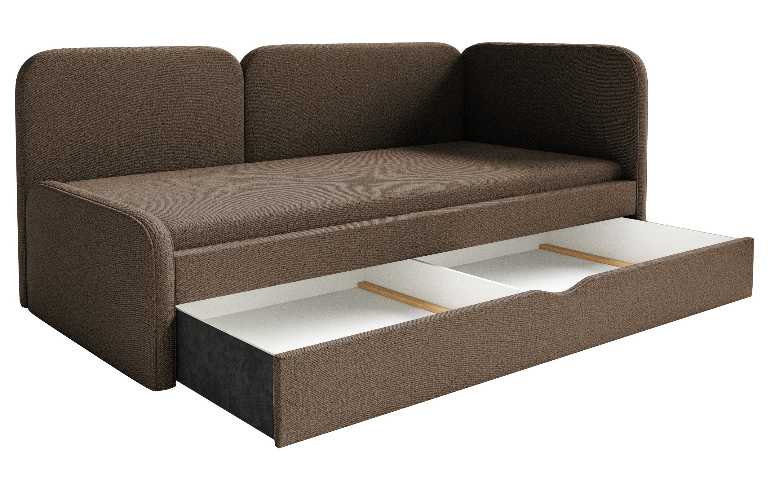 Jugendbett 90x200 cm Cuddy rechtsseitig mit Matratze und Stauraum, brauner leicht zu reinigender Strickstoff