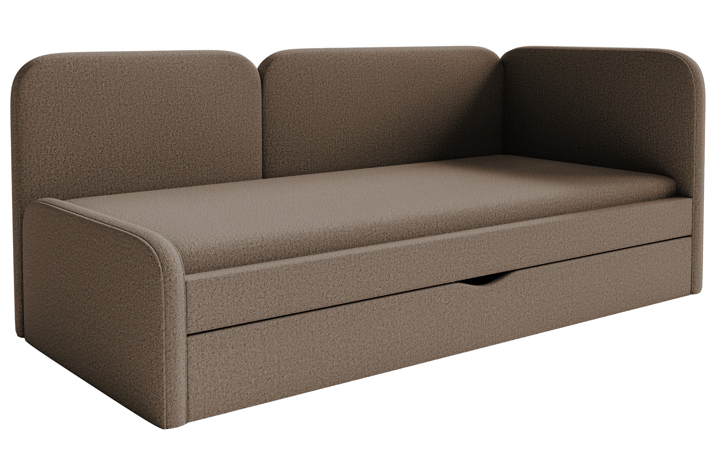 Jugendbett 90x200 cm Cuddy rechtsseitig mit Matratze und Stauraum, brauner leicht zu reinigender Strickstoff