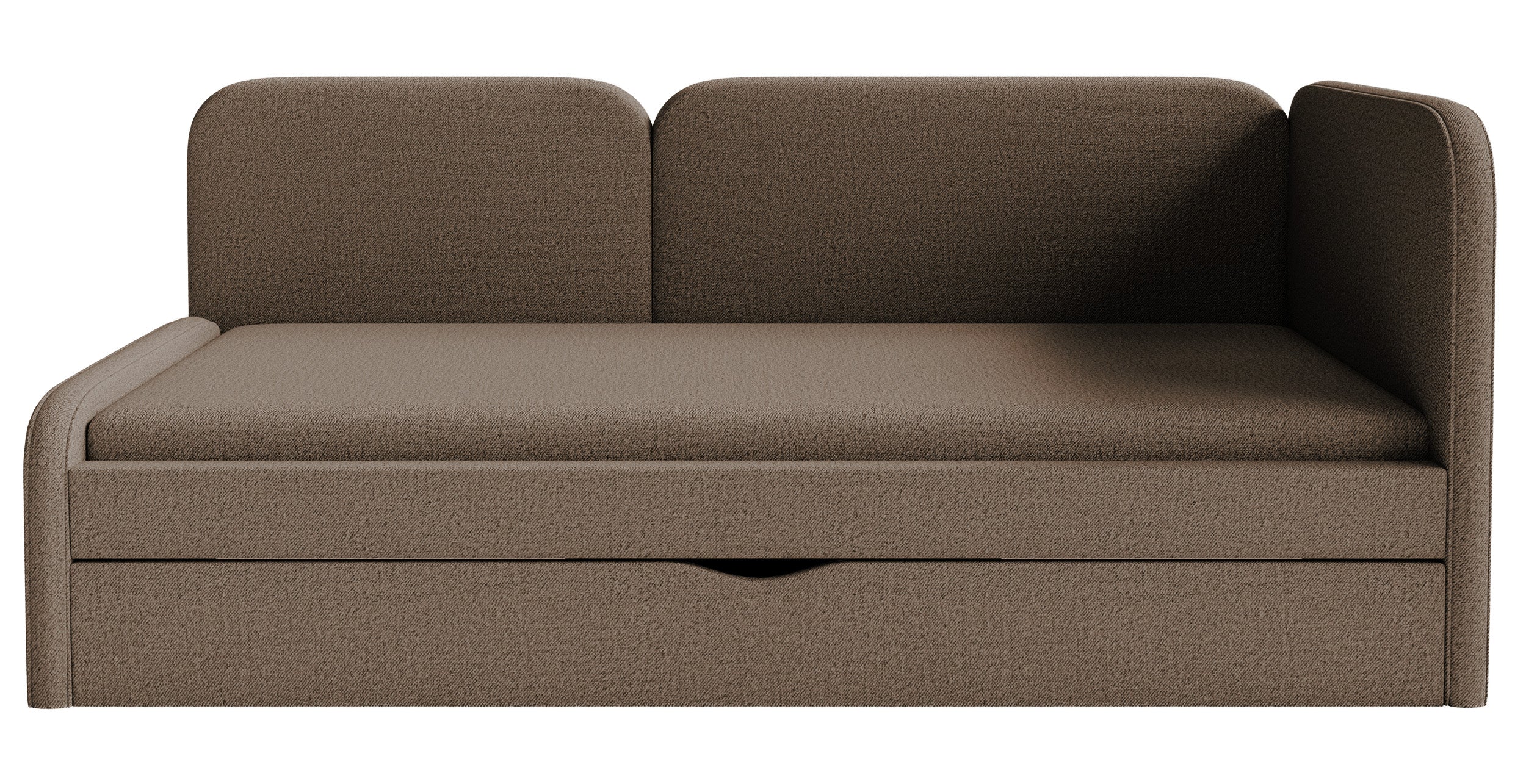 Jugendbett 90x200 cm Cuddy rechtsseitig mit Matratze und Stauraum, brauner leicht zu reinigender Strickstoff
