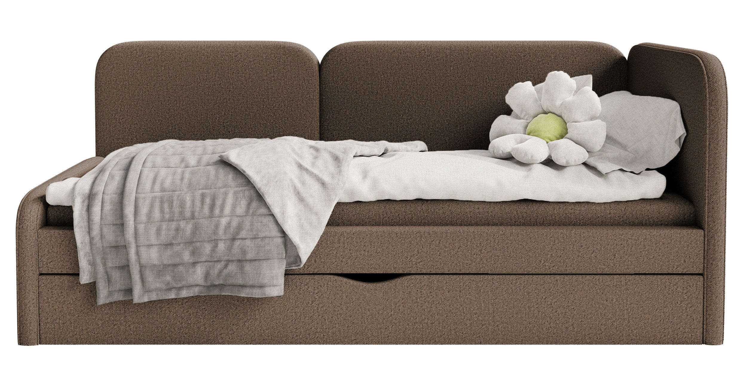Jugendbett 90x200 cm Cuddy rechtsseitig mit Matratze und Stauraum, brauner leicht zu reinigender Strickstoff