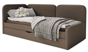 Jugendbett 90x200 cm Cuddy linksseitig mit Matratze und Stauraum, braunes, pflegeleichtes Strickgewebe