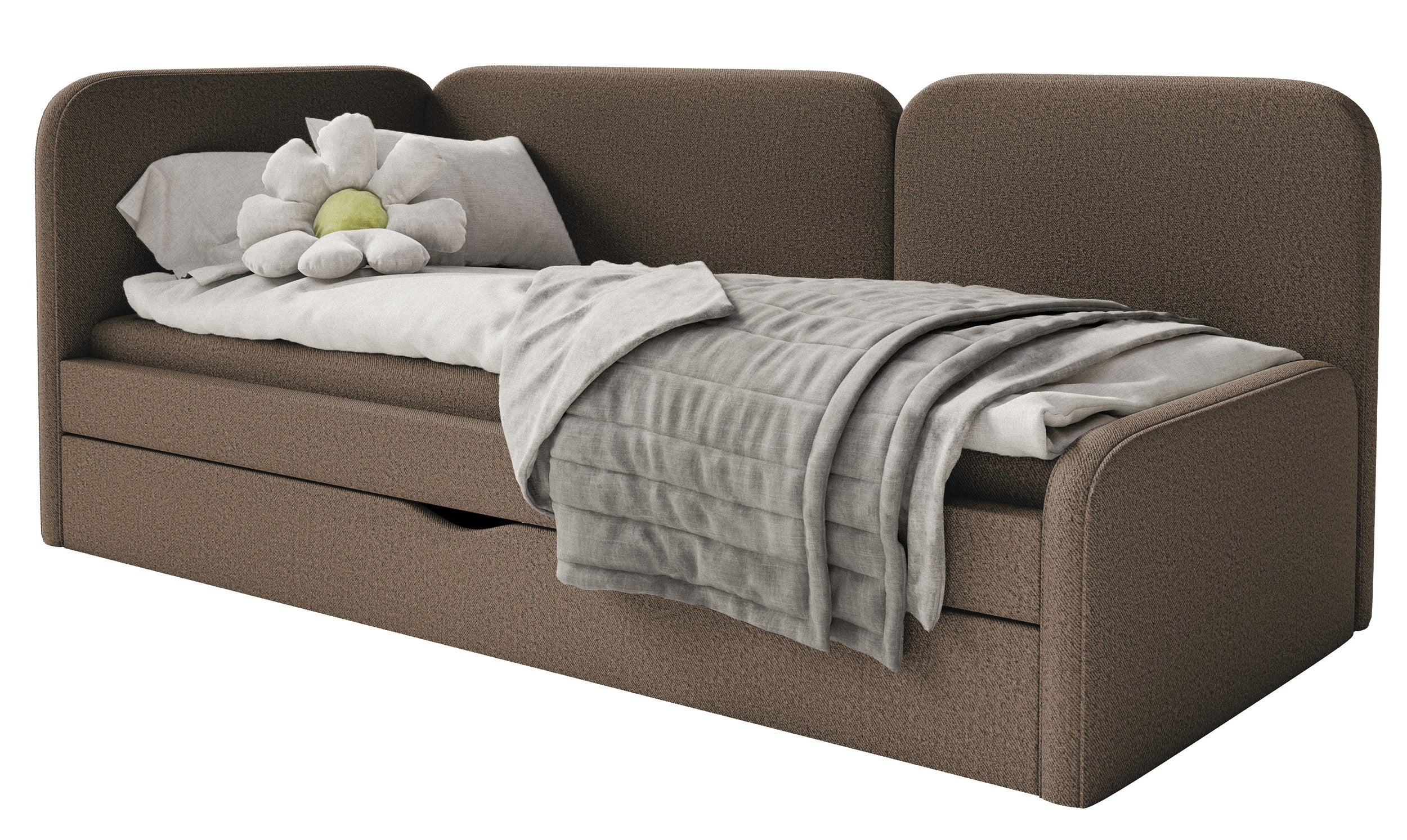 Jugendbett 90x200 cm Cuddy linksseitig mit Matratze und Stauraum, braunes, pflegeleichtes Strickgewebe