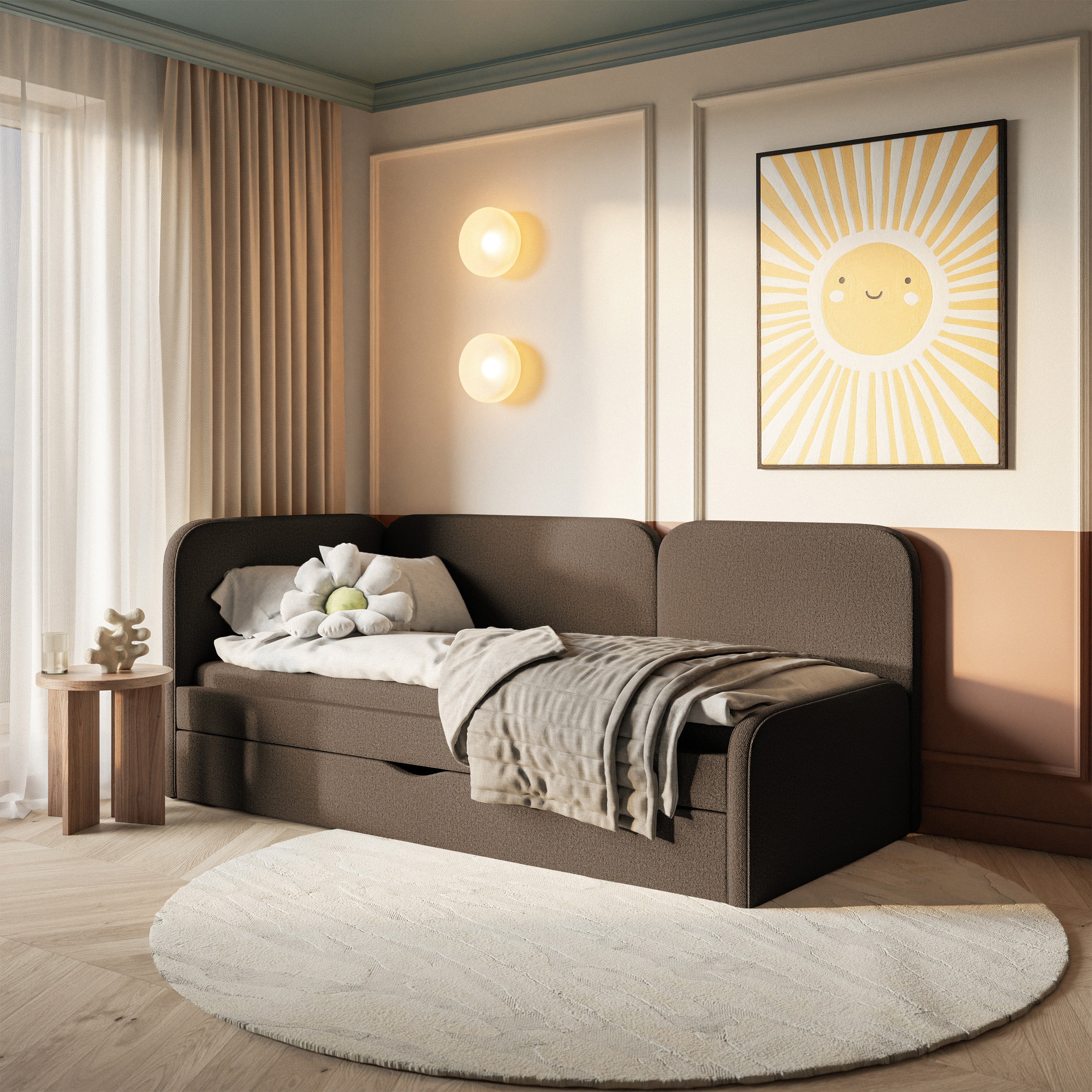 Jugendbett 90x200 cm Cuddy linksseitig mit Matratze und Stauraum, braunes, pflegeleichtes Strickgewebe