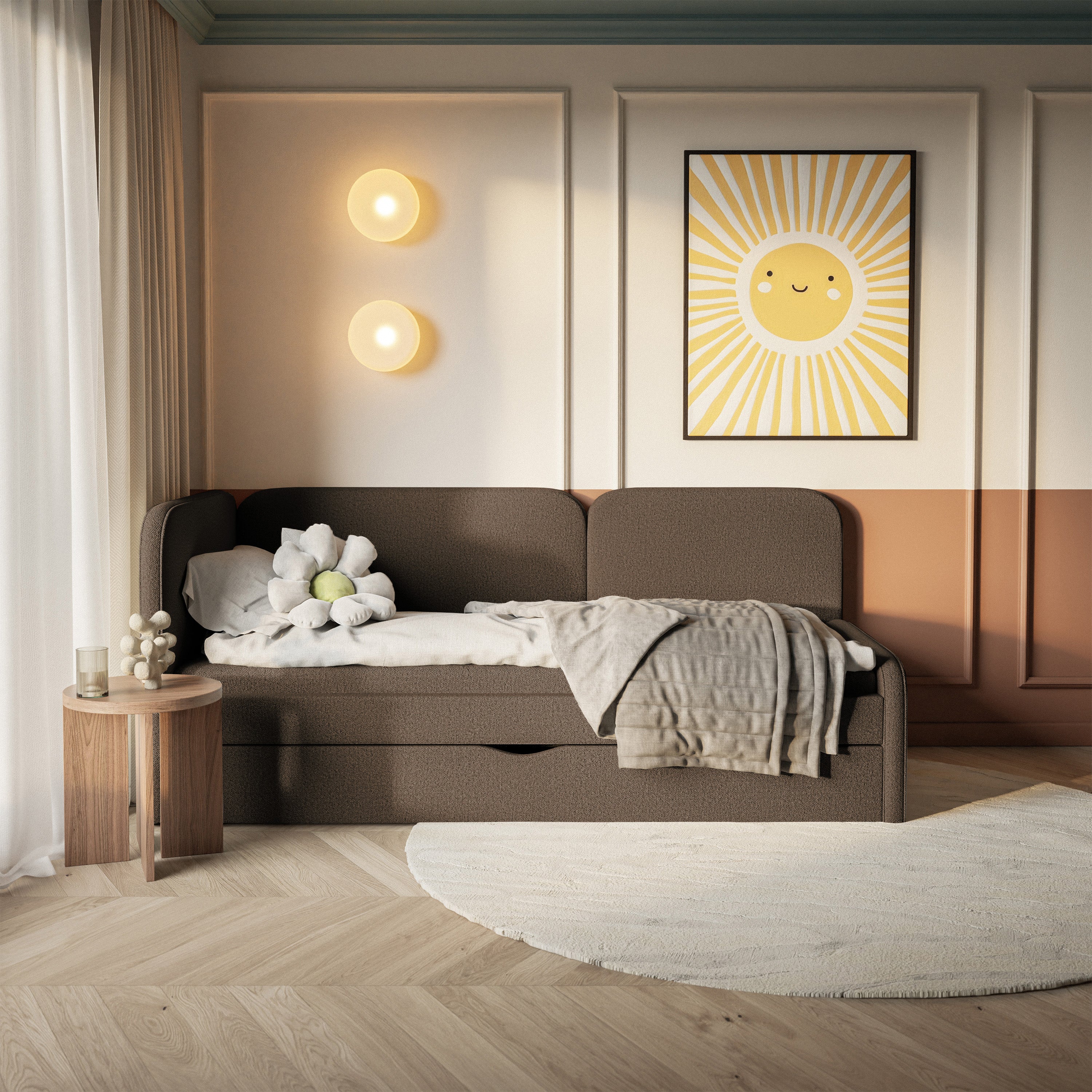 Jugendbett 90x200 cm Cuddy linksseitig mit Matratze und Stauraum, braunes, pflegeleichtes Strickgewebe