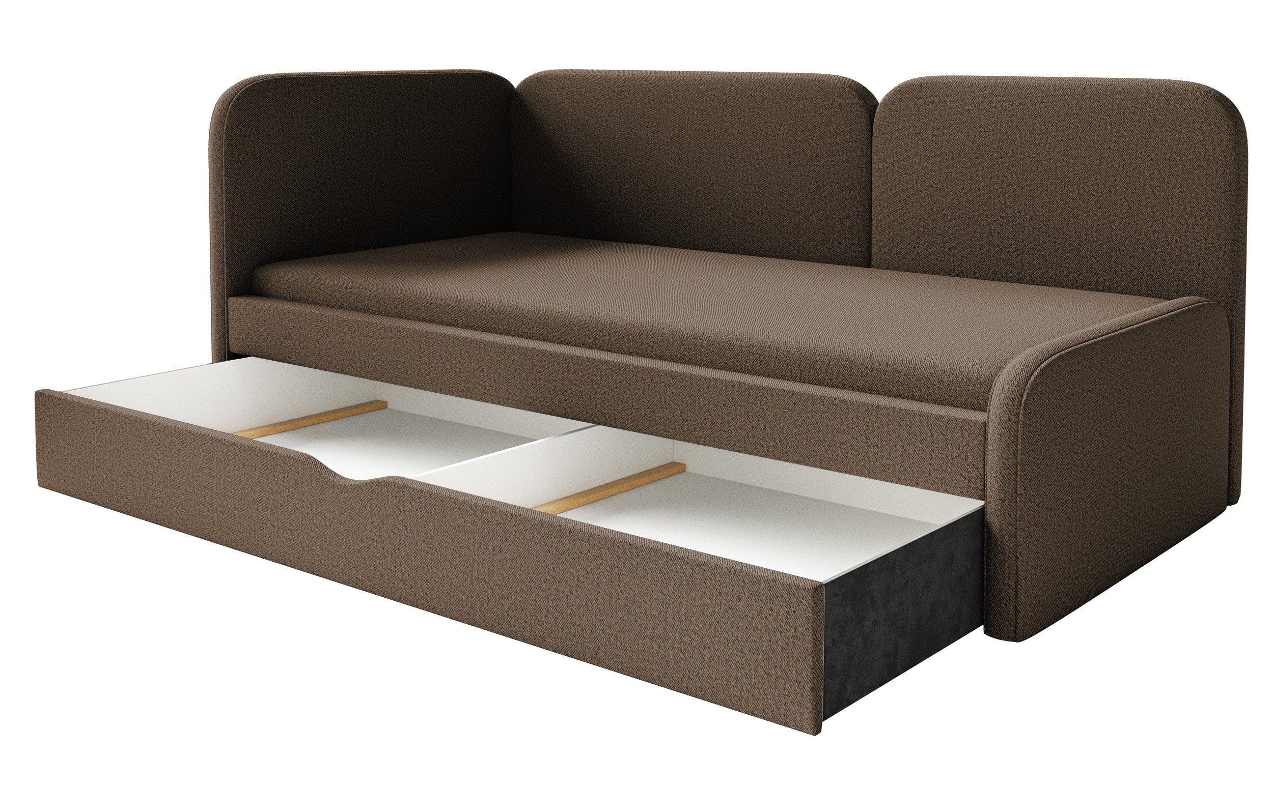 Jugendbett 90x200 cm Cuddy linksseitig mit Matratze und Stauraum, braunes, pflegeleichtes Strickgewebe