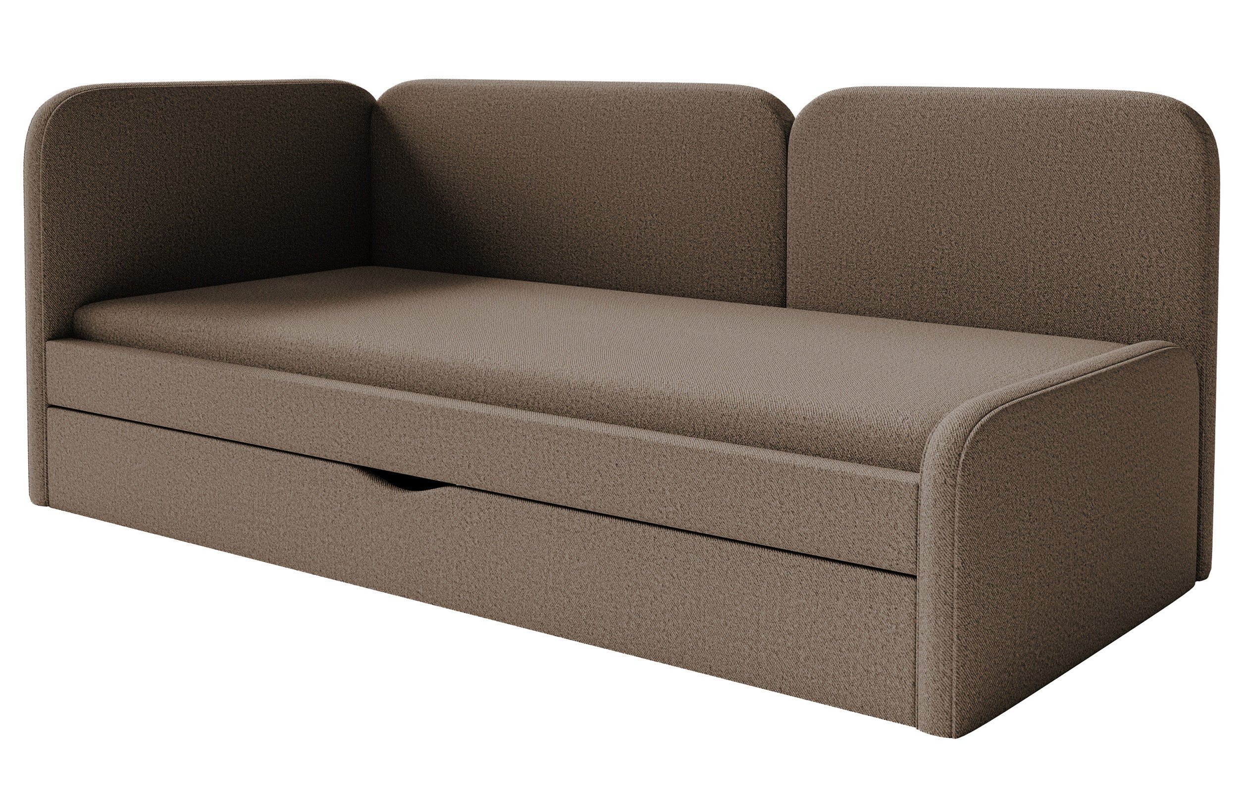 Jugendbett 90x200 cm Cuddy linksseitig mit Matratze und Stauraum, braunes, pflegeleichtes Strickgewebe
