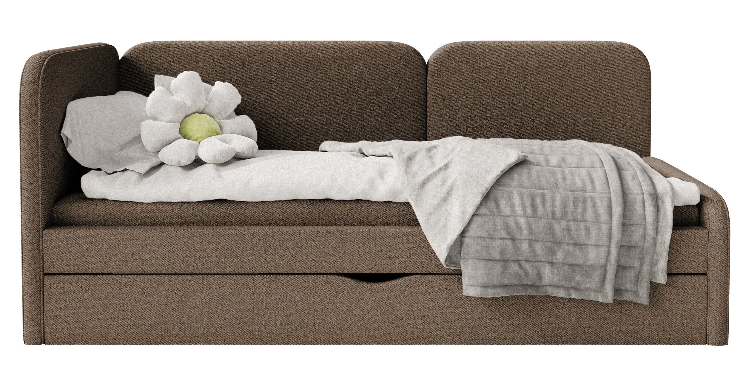 Jugendbett 90x200 cm Cuddy linksseitig mit Matratze und Stauraum, braunes, pflegeleichtes Strickgewebe