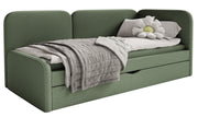 Jugendbett 90x200 cm Cuddy rechtsseitig mit Matratze und Stauraum, olivgrüner, leicht zu reinigender Stoff