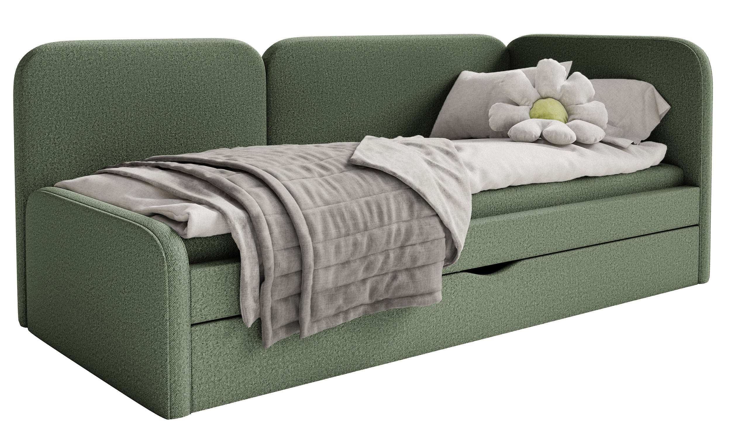 Jugendbett 90x200 cm Cuddy rechtsseitig mit Matratze und Stauraum, olivgrüner, leicht zu reinigender Stoff