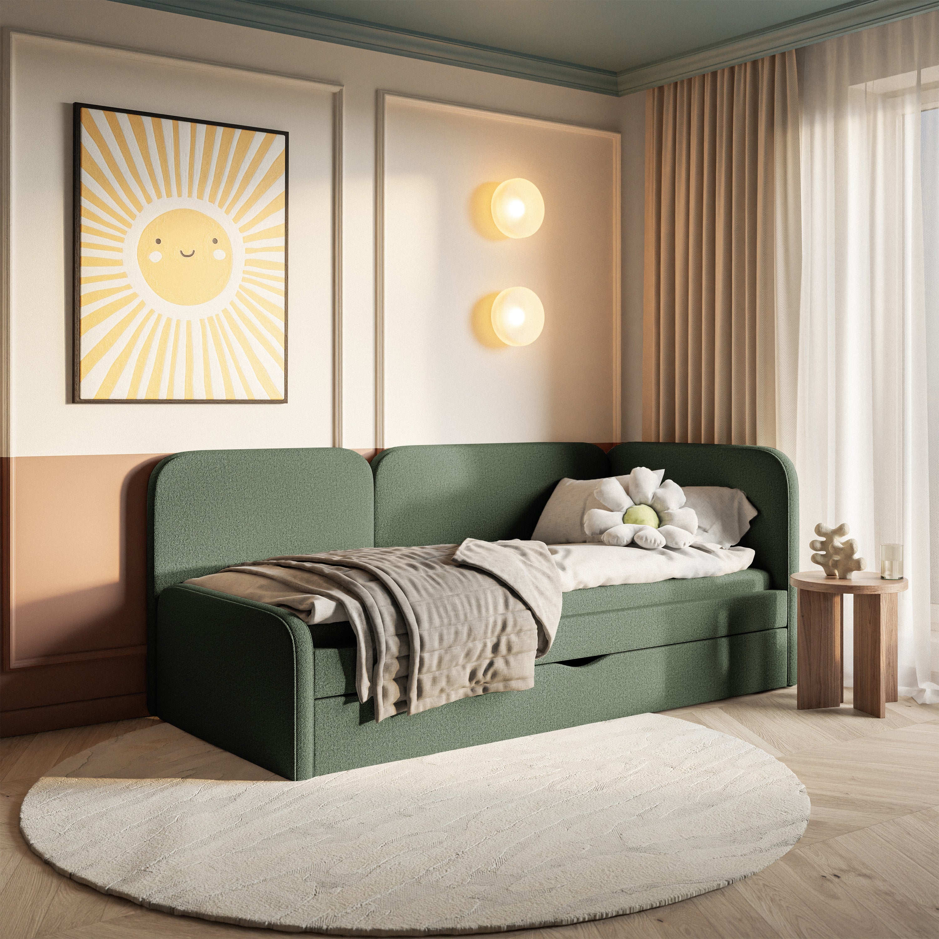 Jugendbett 90x200 cm Cuddy rechtsseitig mit Matratze und Stauraum, olivgrüner, leicht zu reinigender Stoff