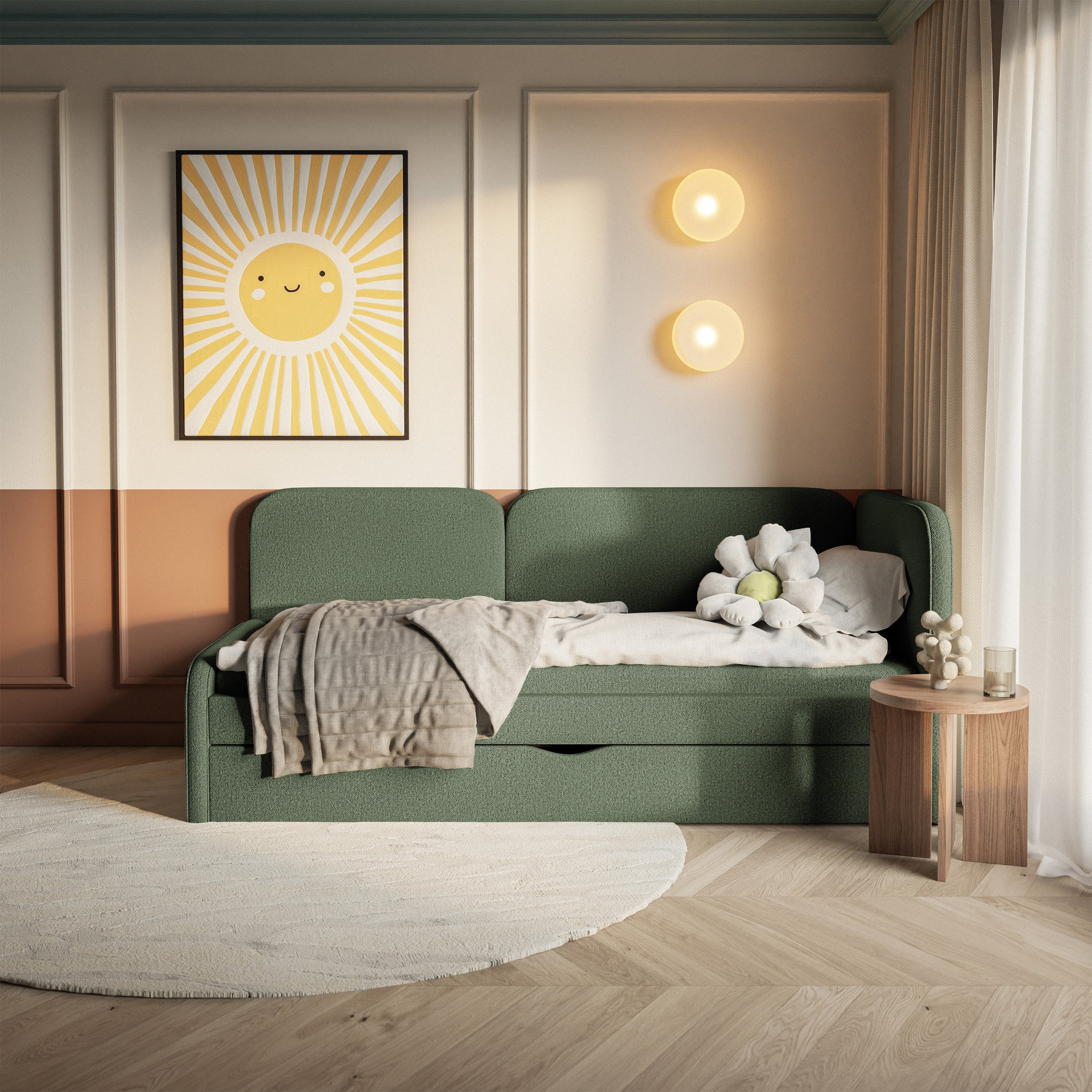 Jugendbett 90x200 cm Cuddy rechtsseitig mit Matratze und Stauraum, olivgrüner, leicht zu reinigender Stoff