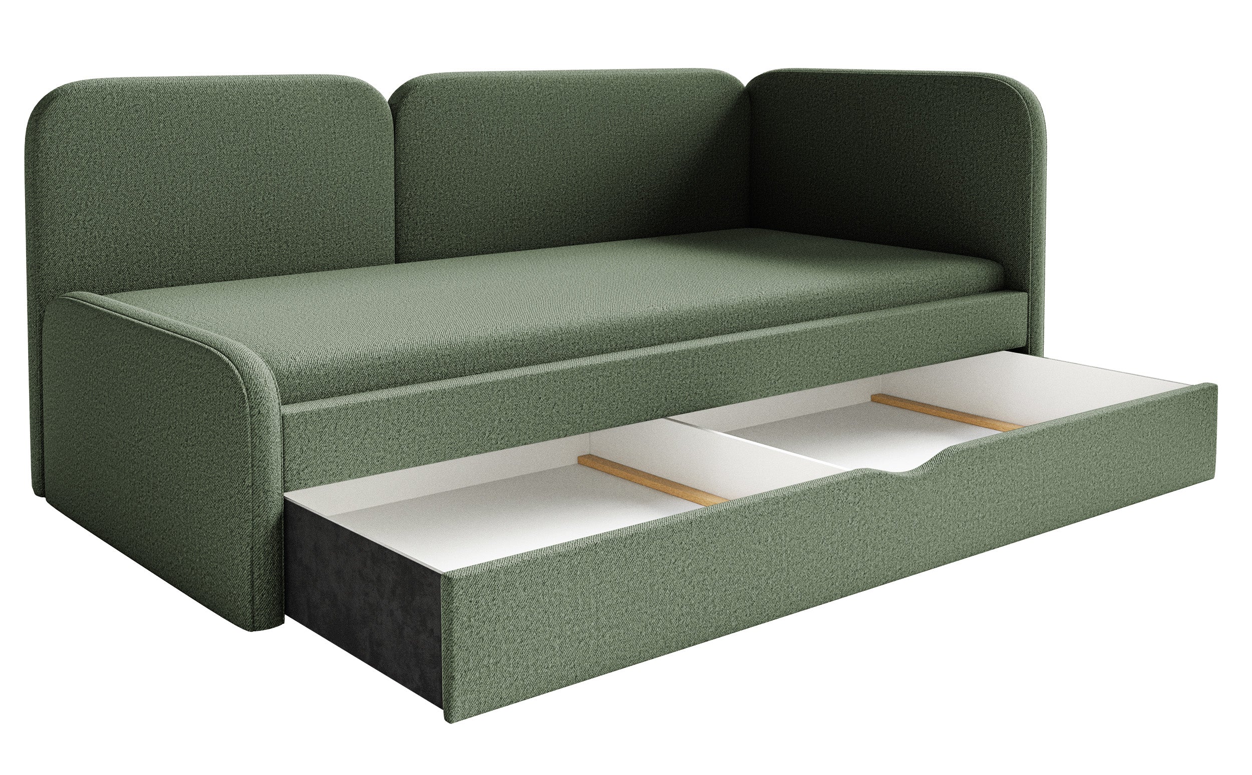 Jugendbett 90x200 cm Cuddy rechtsseitig mit Matratze und Stauraum, olivgrüner, leicht zu reinigender Stoff