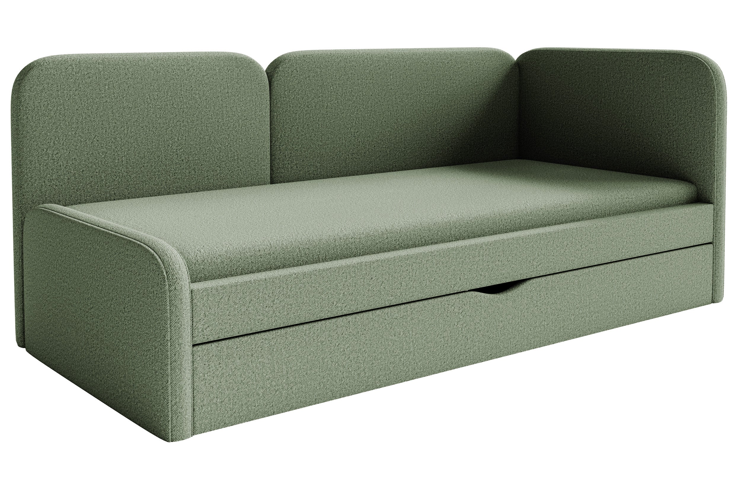 Jugendbett 90x200 cm Cuddy rechtsseitig mit Matratze und Stauraum, olivgrüner, leicht zu reinigender Stoff