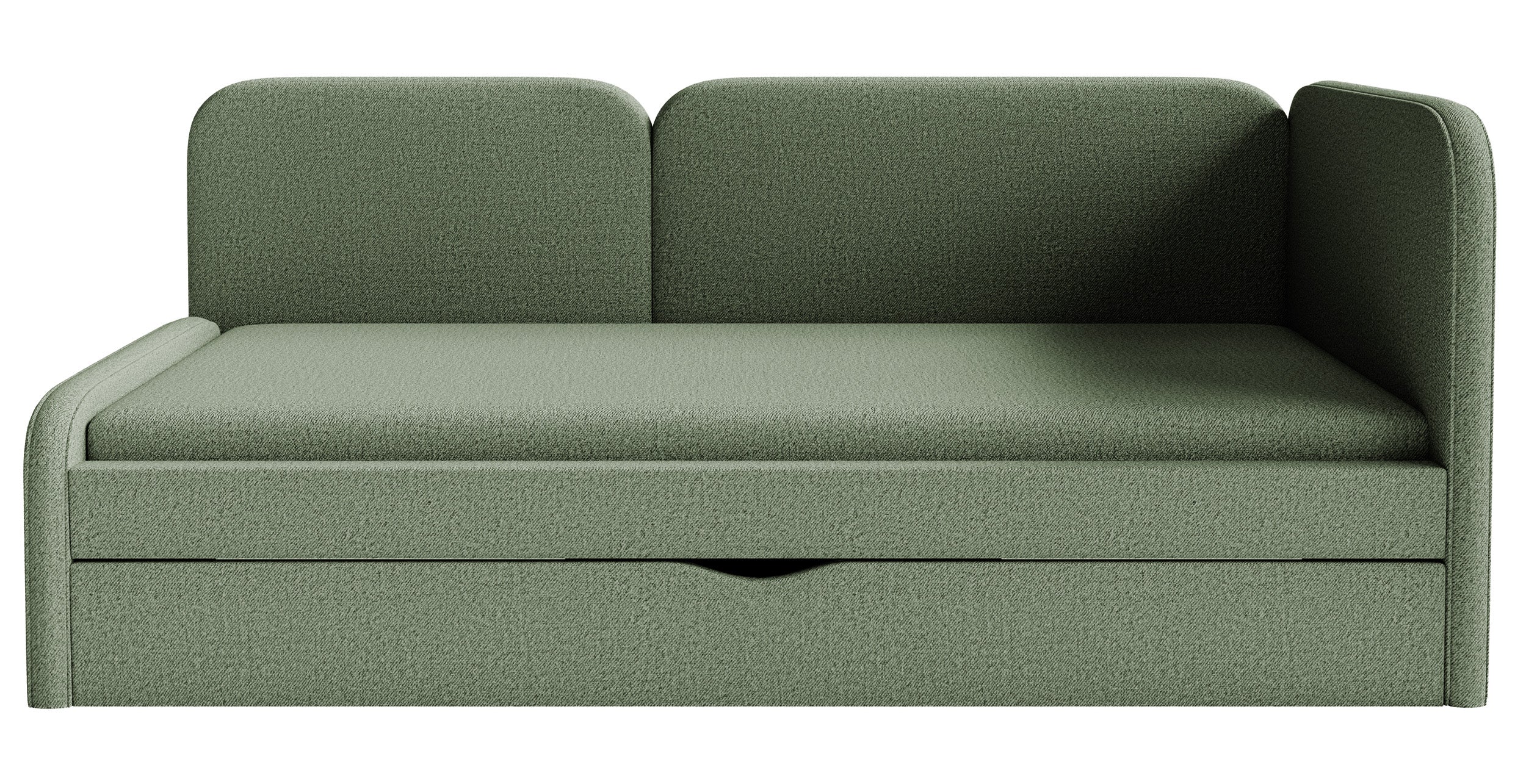 Jugendbett 90x200 cm Cuddy rechtsseitig mit Matratze und Stauraum, olivgrüner, leicht zu reinigender Stoff