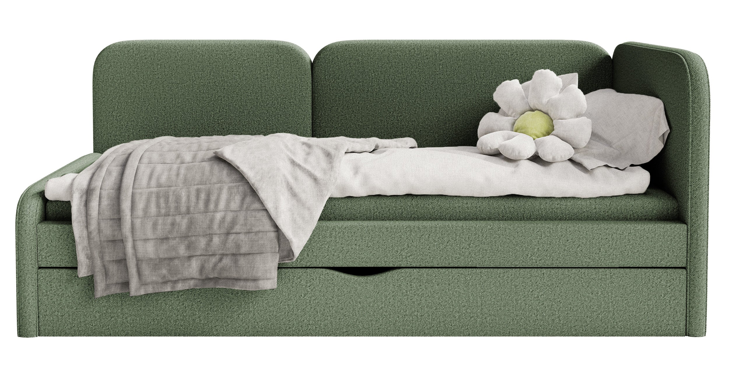 Jugendbett 90x200 cm Cuddy rechtsseitig mit Matratze und Stauraum, olivgrüner, leicht zu reinigender Stoff