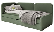 Jugendbett 90x200 cm Cuddy linksseitig mit Matratze und Stauraum, olivgrüner, leicht zu reinigender Jersey-Stoff