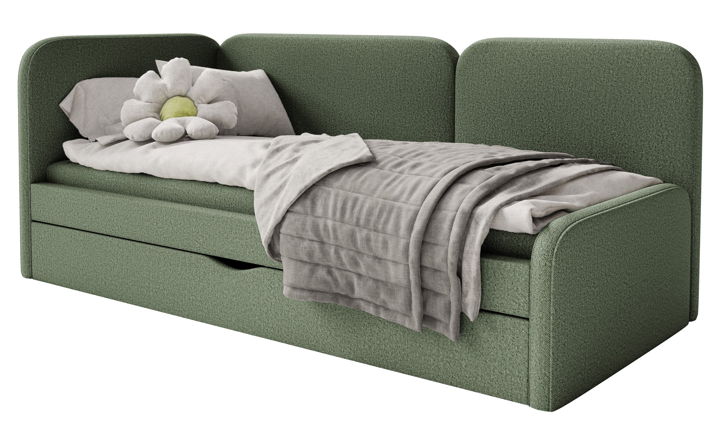 Jugendbett 90x200 cm Cuddy linksseitig mit Matratze und Stauraum, olivgrüner, leicht zu reinigender Jersey-Stoff