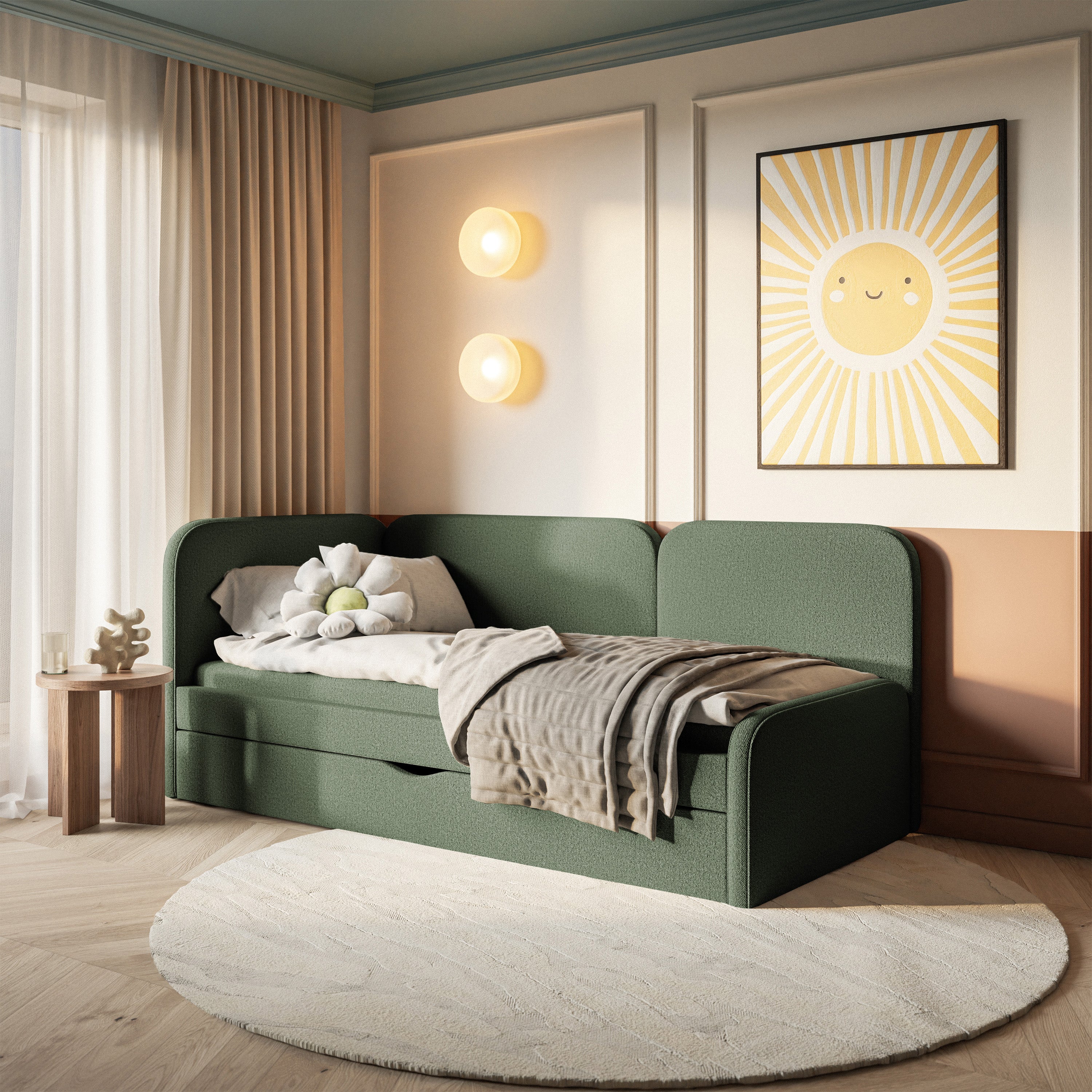 Jugendbett 90x200 cm Cuddy linksseitig mit Matratze und Stauraum, olivgrüner, leicht zu reinigender Jersey-Stoff